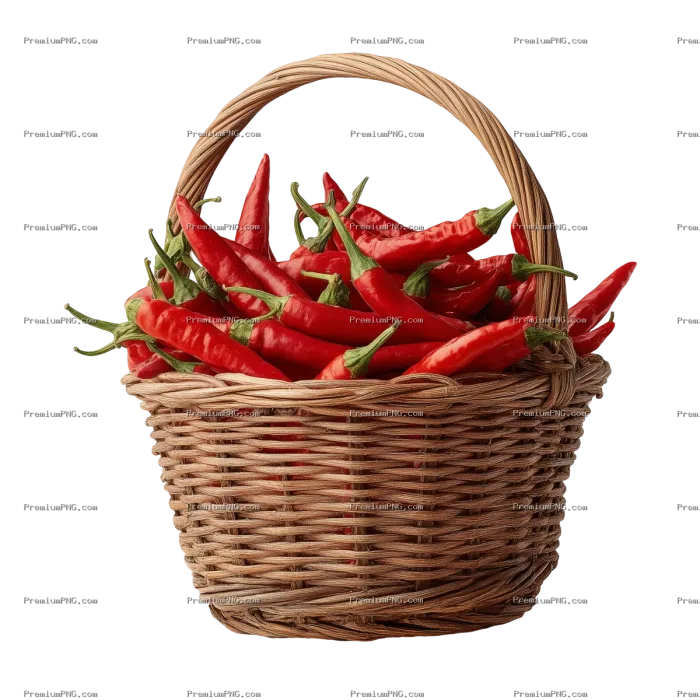 Royalty-free photo of a wicker basket filled with fresh red chili peppers isolated on white. Perfect