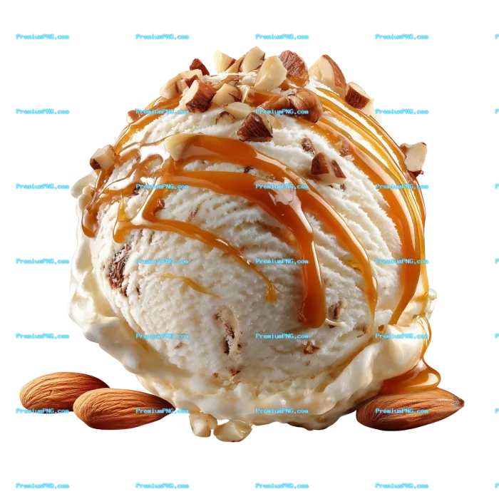 single scoop of vanilla ice cream drizzled with caramel sauce and nuts