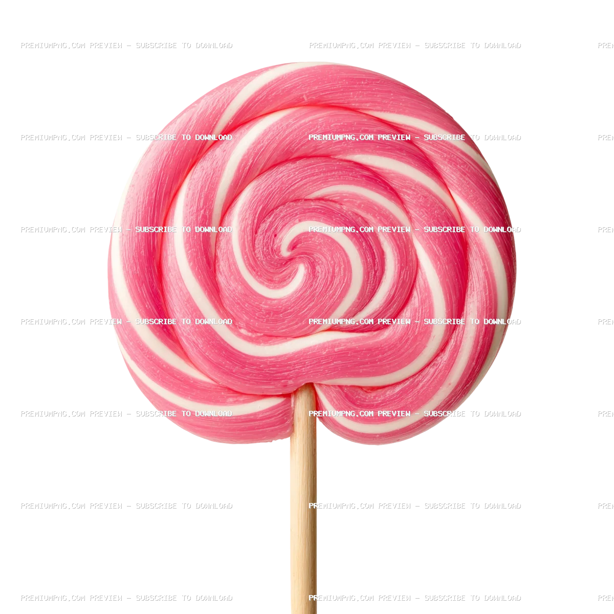 Sweet pink and white swirl lollipop on stick, isolated white background