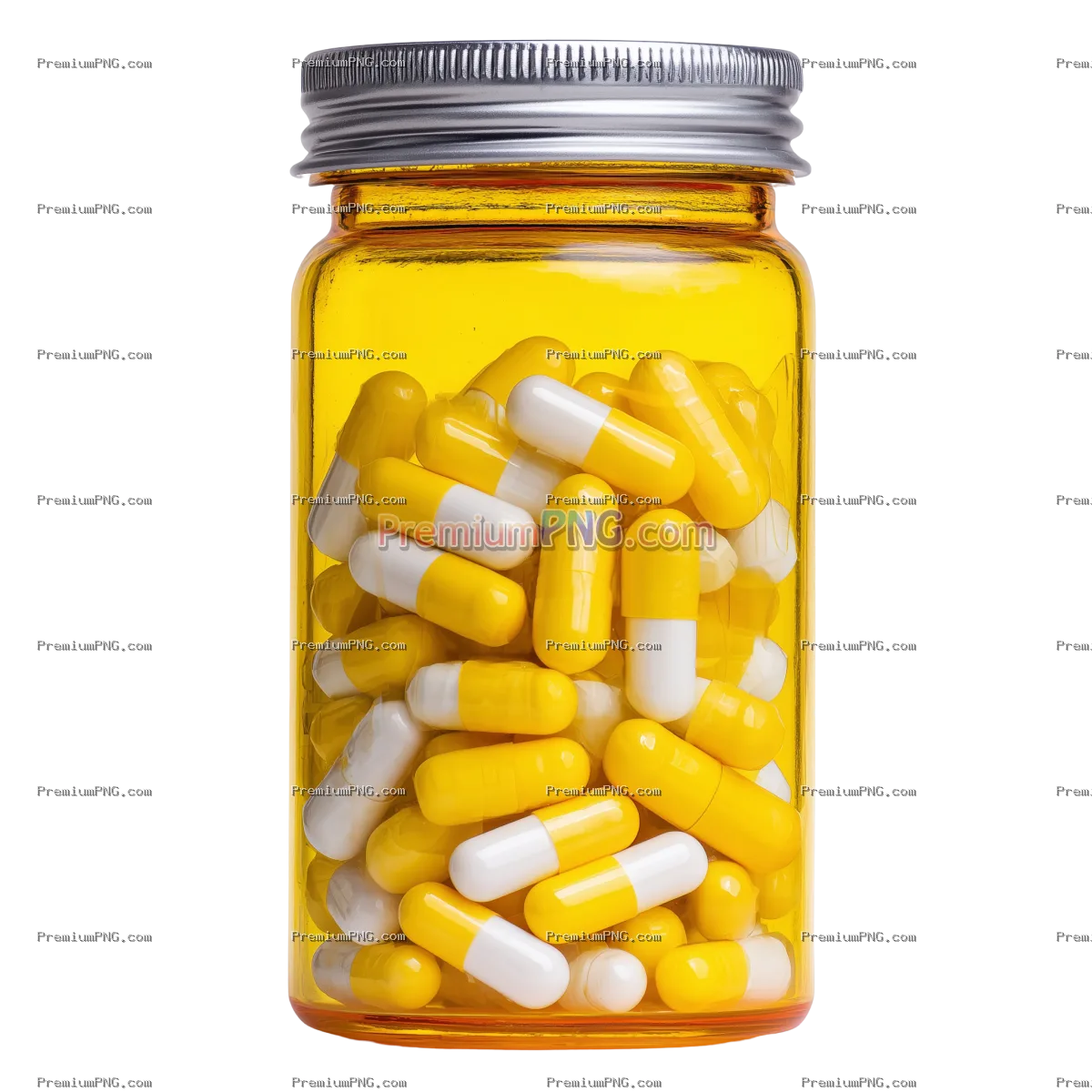 Transparent Background Prescription Bottle with Yellow and White Capsules PNG