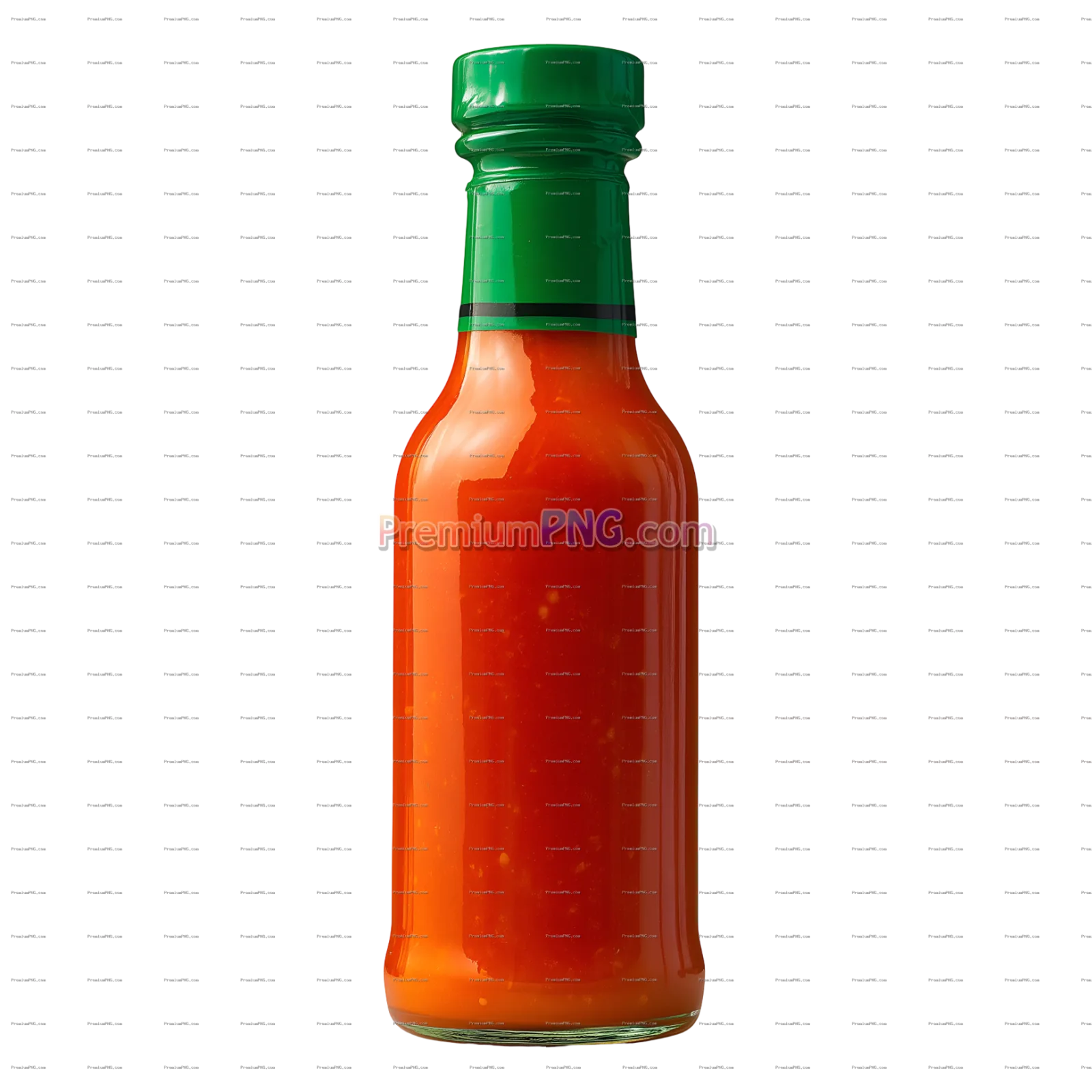 Vibrant Hot Sauce Bottle with Green Cap PNG - Isolated Transparent Background Stock Photo