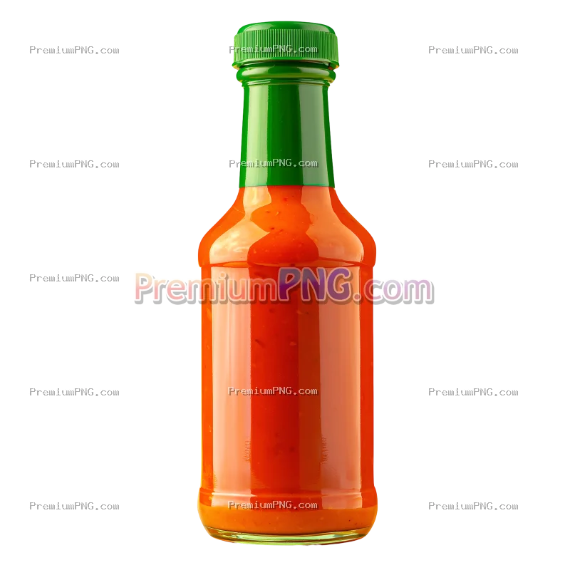 Vibrant Hot Sauce Bottle with Green Cap PNG