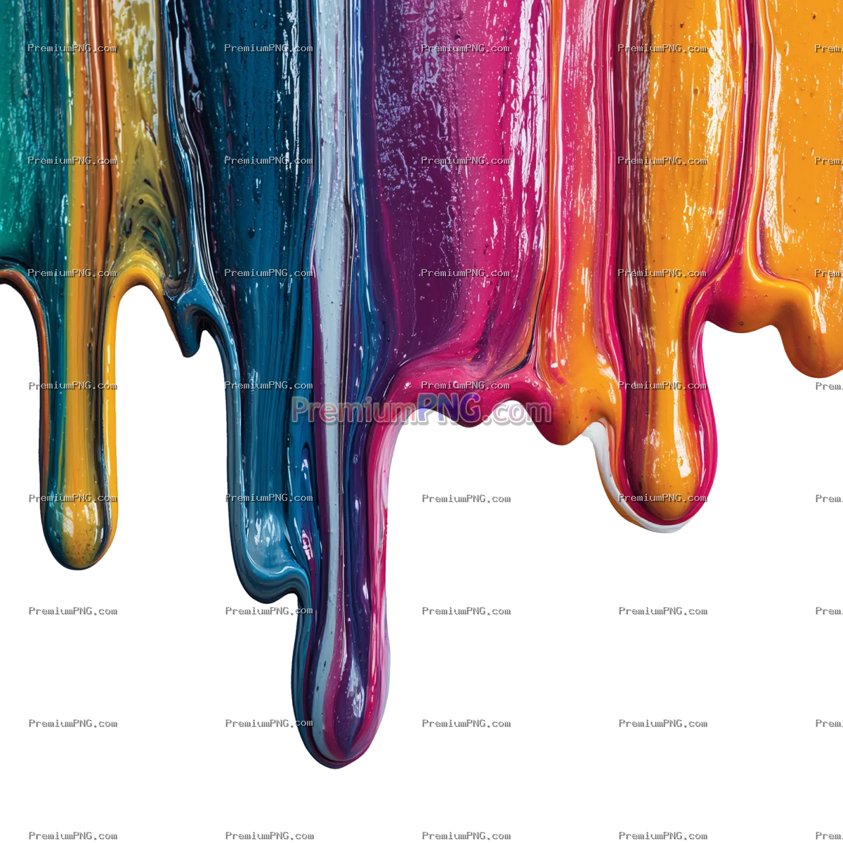 Vibrant Paint Drips with Rainbow Colors and Glossy Finish, Abstract Background, Fluid Art PNG Isolat