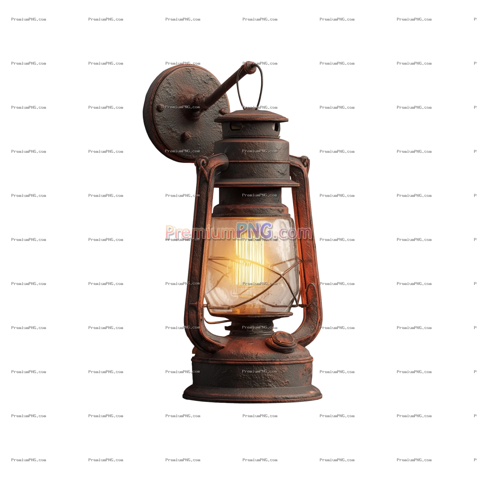 Vintage lantern with warm light hanging indoors isolated on transparent background