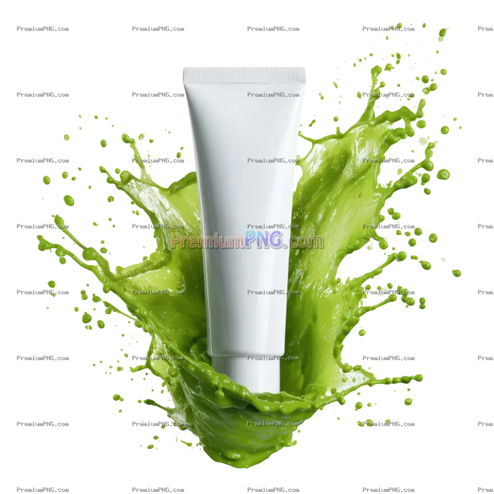 White cosmetic tube emerging from a vibrant green liquid splash isolated on transparent background