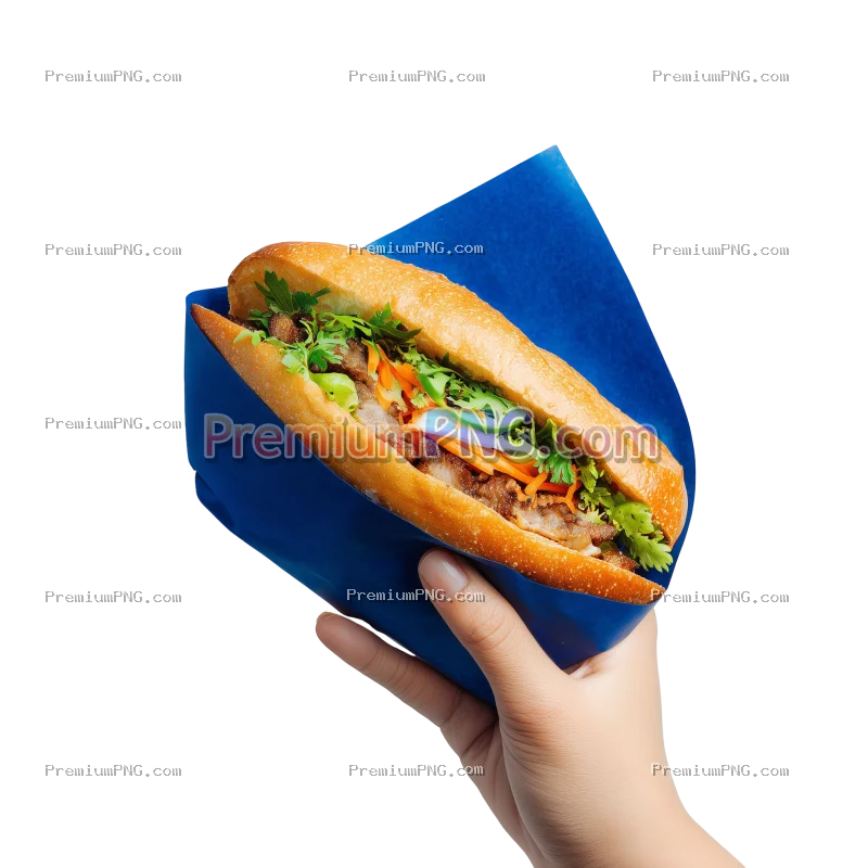 Woman's hand holding Vietnamese bread filled with meat and vegetables, covered with blue paper