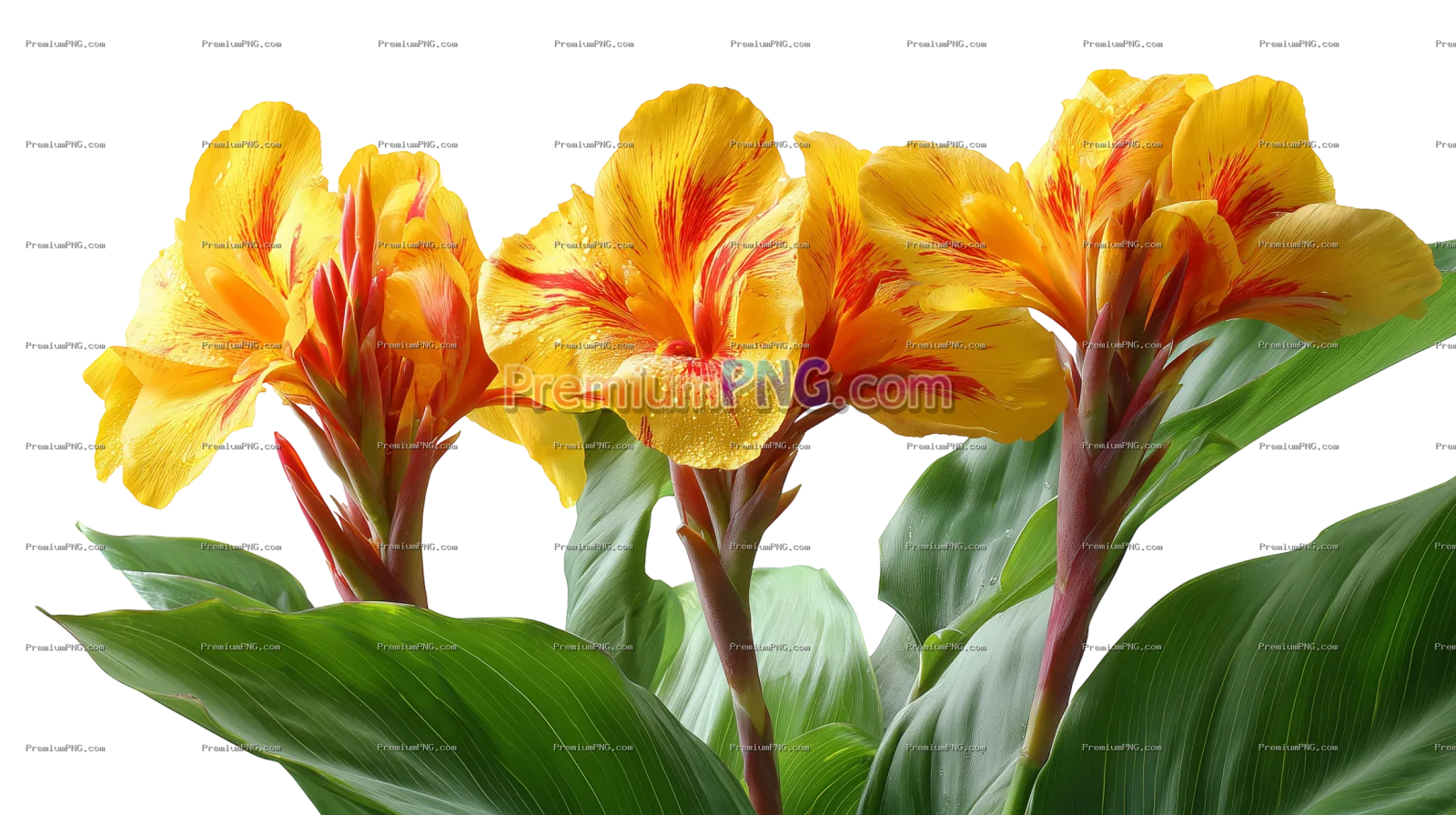 Yellow and Red Canna Lily Flowers with Lush Green Foliage Isolated on Transparent Background