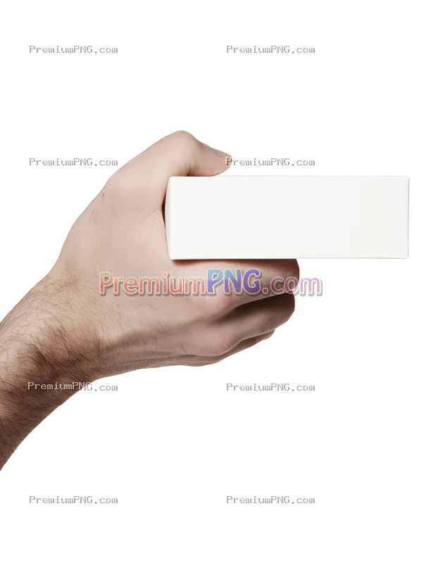 Young Man Hand Holding Rectangular Product Package on Transparent Background