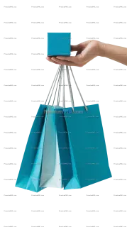 Related image: A close up shot of a hand holding a blue gift box with shopping bags hanging on the fingers
