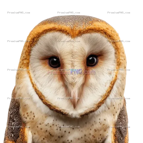 A detailed photo of a barn owl’s face isolated on a transparent background, featuring its distinctiv
