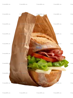 Related image: A fresh sandwich partially emerging from a crumpled brown paper bag