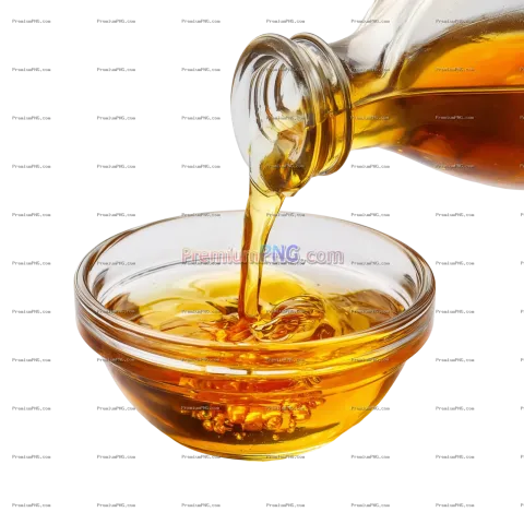 a glass bowl is filled with golden oil as it is being poured from a clear bottle