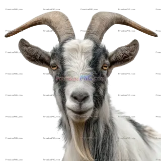 Related image: a goat with a white face and long horns cutout image and isolated on white background