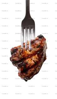 Related image: a grilled piece of meat on a fork against a white background
