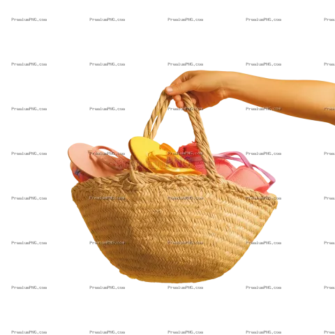 A hand holding a beach basket with bikinis and slippers inside