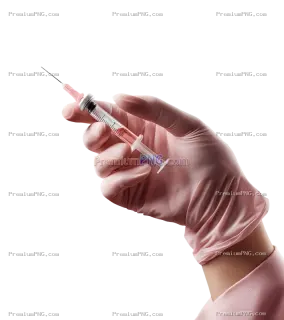 Related image: a hand in pink nitrile gloves holding a syringe against a clean, isolated white background. This pro