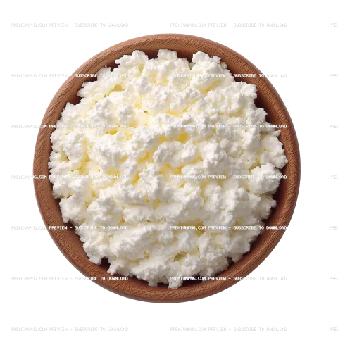 A high-quality top view photograph capturing cottage-cheese being served in a wooden bowl against a