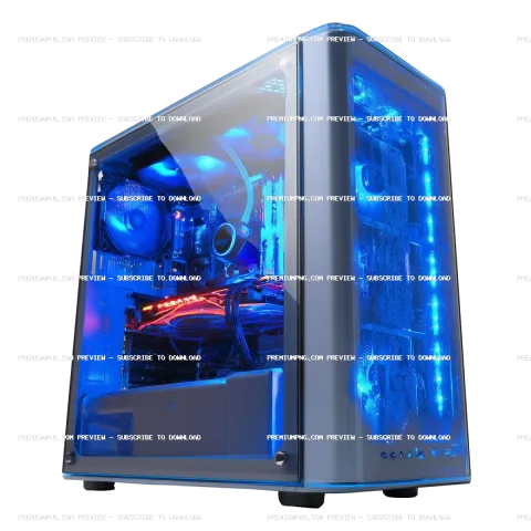 a modern gaming computer tower with a transparent side panel. illuminated by blue led lighting