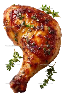 Related image: a perfectly roasted chicken drumstick, top-down view, flat lay, natural elongated drumstick shape wi
