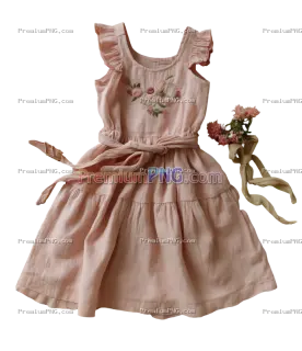 Related image: A pink linen dress with an embroidered floral design on the chest. Traditional textile embroidery de
