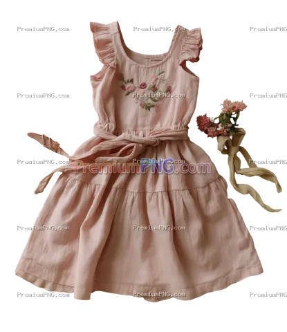 A pink linen dress with an embroidered floral design on the chest. Traditional textile embroidery de