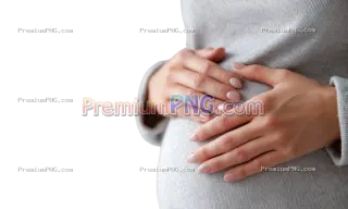 Related image: A pregnant woman looks happy in a knitted dress with two hands rubbing her belly, on soft transparen