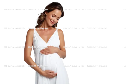 A pregnant woman looks happy in a white dress