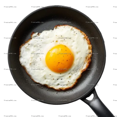 A single fried egg with a runny yolk in a dark frying pan against a white background. background rem