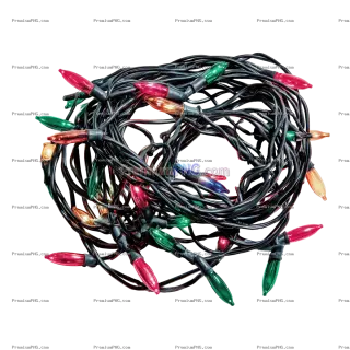 Related image: a tangled bundle of colorful christmas lights on black cables on transparent background