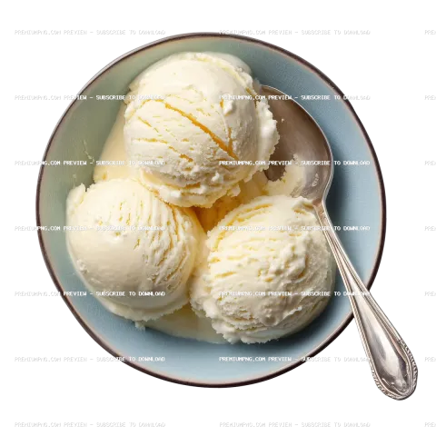 a top down photo of a bowl of french vanilla ice cream with three scoops
