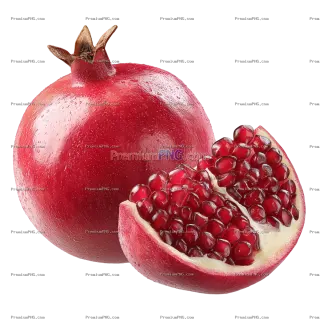 Related image: A whole pomegranate with a slice removed, photorealistic, rich red, isolated