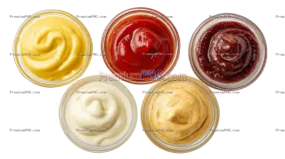 Related image: Assorted Sauces in Glass Bowls Including Ketchup, Mustard, and Mayo top view