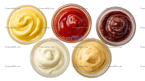 Assorted Sauces in Glass Bowls Including Ketchup, Mustard, and Mayo top view