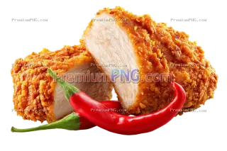 Related image: chicken breaded crunchy breast piece with cross section, and a spicy red chili