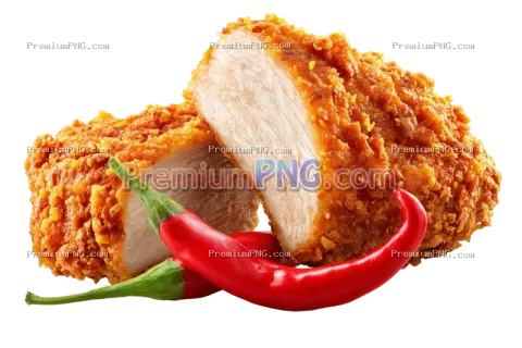 chicken breaded crunchy breast piece with cross section, and a spicy red chili
