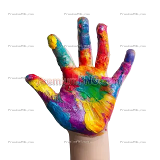 Related image: Child’s Hand Covered in Vibrant Multicolored Paint on Transparent Background
