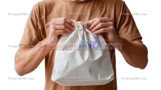 Related image: close-up of a person holding a plain white burger bag, no logos or labels, flat lighting, minimal