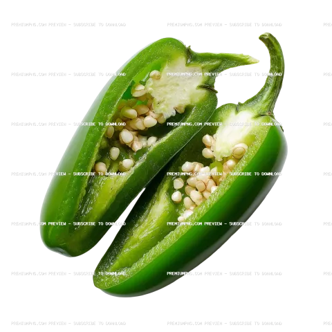 Close up of a vibrant green jalapeno pepper cut open to reveal seeds inside
