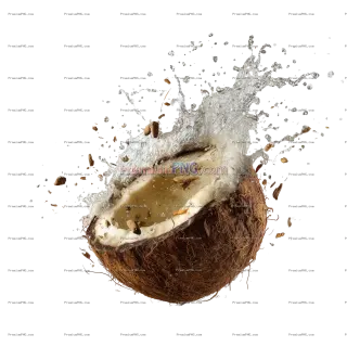 Related image: coconut flying in the air. The water should splash, on a pure transparent background