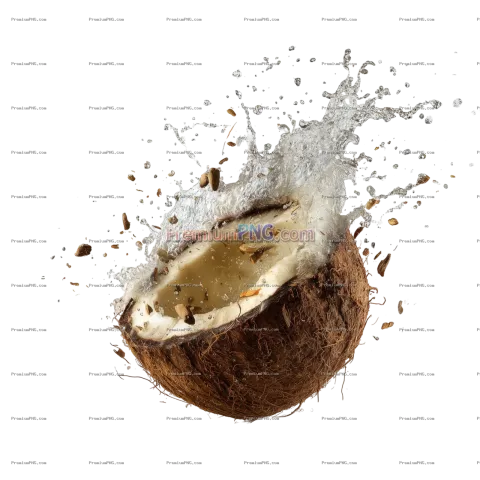 coconut flying in the air. The water should splash, on a pure transparent background
