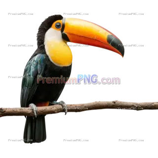 Related image: Colorful toucan perched on a branch showcasing its large vivid yellow-orange beak, isolated
