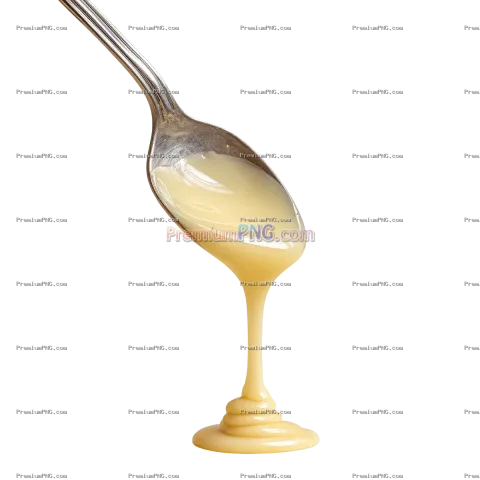 Creamy condensed milk pouring from silver spoon against a isolated background
