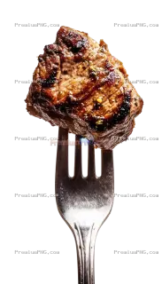 Related image: Creative food stock photo featuring a perfectly grilled piece of meat on a fork presented against a 