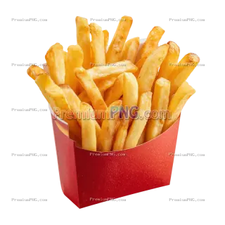 Related image: Delicious french potato fries in a red carton package box, cut out isolated