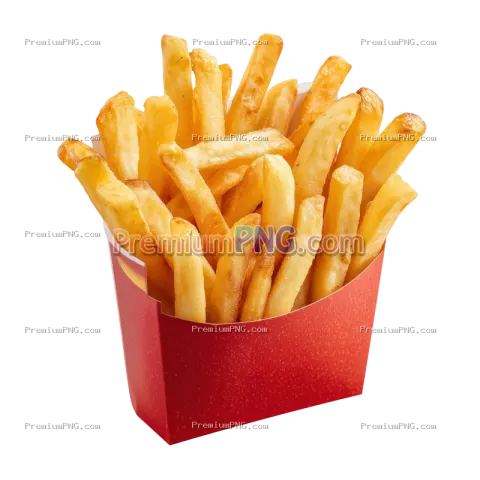 Delicious french potato fries in a red carton package box, cut out isolated
