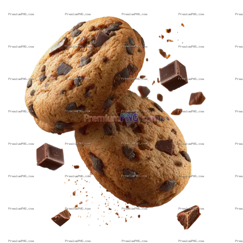Flying Chocolate chip cookies with pieces of chocolate isolated on transparent background