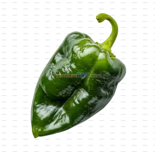 Related image: Green poblano pepper with a slightly wrinkled surface and a curved stem