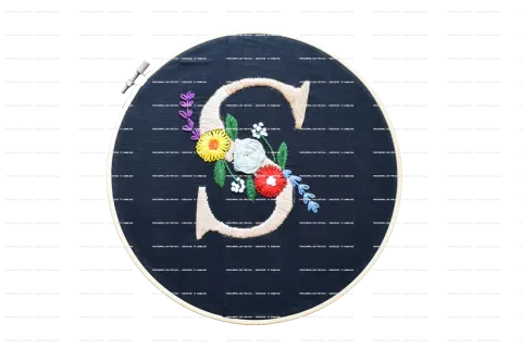 Hand Embroidery "S" Letter Design with Wagon Wheel & Lazy Daisy Flowers