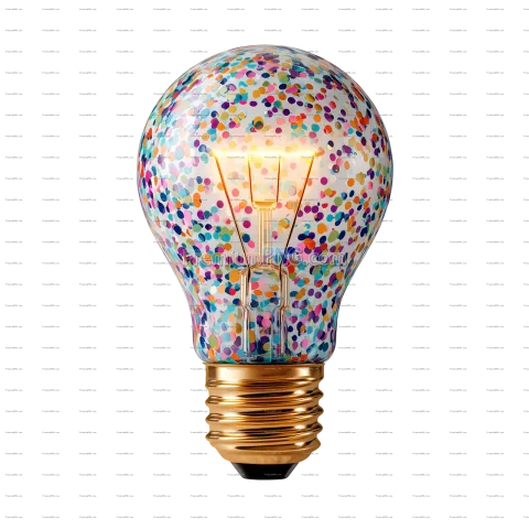Light Bulb with Colorful Confetti Pattern and Glowing Filaments
