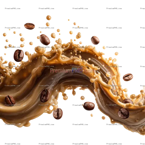 Milk Brown coffee liquid swirl splash and little bubbles with falling coffee Beans isolated on trans